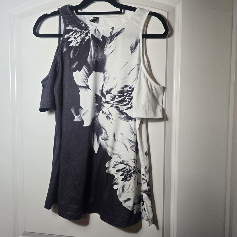 Sheilay Open Shoulder Black And White Rose Print Women's Size L